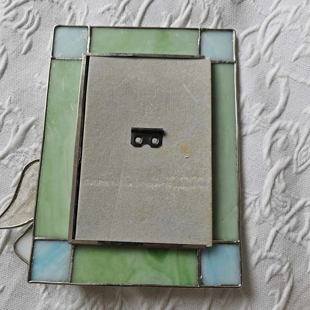 Vtg Stain Glass Frame 6 x 8 With 3d Angel, Greens And‎ Cream